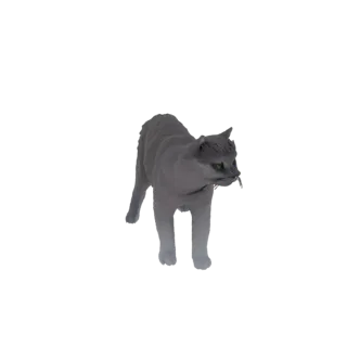 3D-Modell einer grauen Katze mit leuchtend gelben Augen, die aufmerksam auf weißem Hintergrund steht.