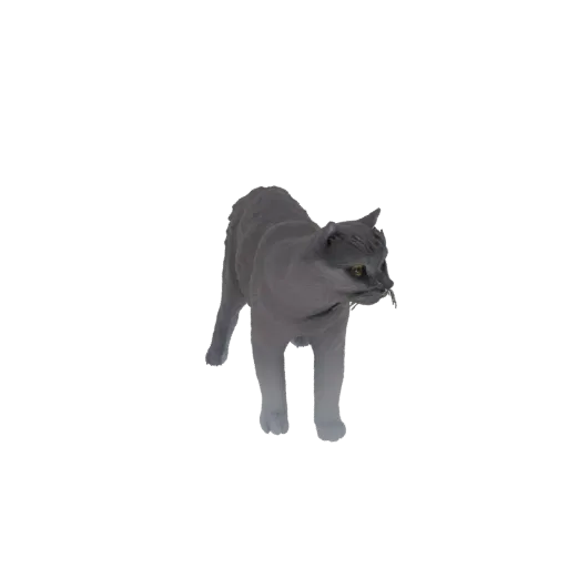 Modèle 3D d'un chat gris aux yeux jaunes vifs, debout, alerte, sur fond blanc.