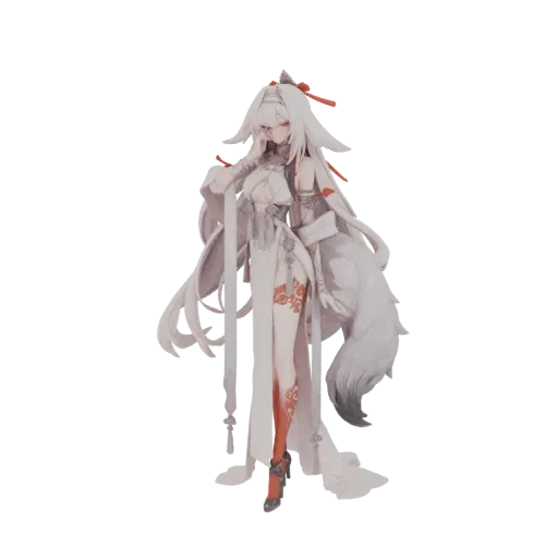 3D model of a white fox spirit waifu in a white kimono with red accents and a large fluffy tail, posed elegantly.
