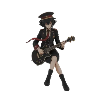 3D-Modell eines Anime-Mädchens in Militäruniform, das E-Gitarre spielt, sitzend mit gekreuzten Beinen.