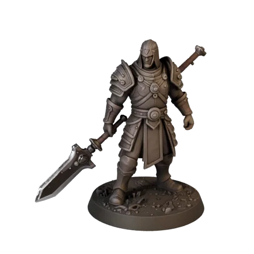 Heroic Warrior Miniature realistic 3D model preview showing silhouette, three-quarter scene view, pose and resin detail