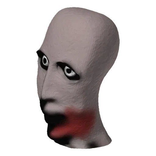 3D model of a pale humanoid head with large black eyes and a bright red mouth, rendered in a stylized, distorted manner.