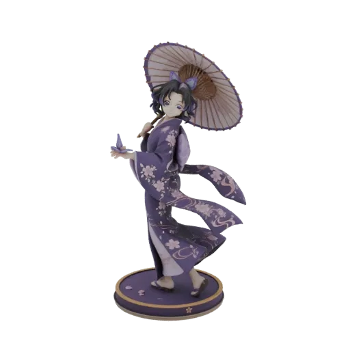 3D model of Shinobu Kocho in a purple kimono holding a parasol, with a butterfly motif.