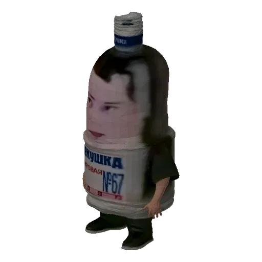 3D model of a character designed as a vodka bottle with a human face and a label reading 'Чекушка Мировая №67'.