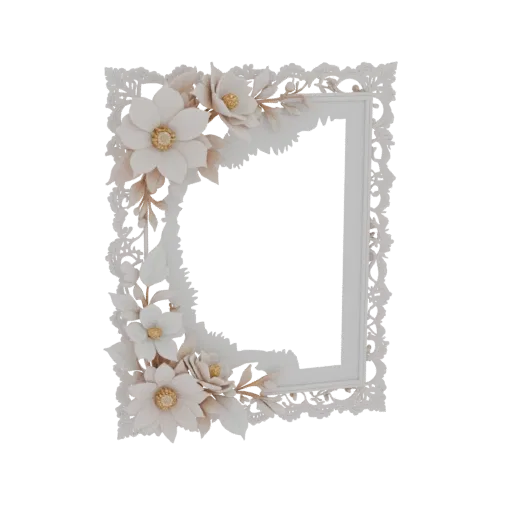 3D model of an ornate picture frame with detailed white floral and leaf embellishments on a black background.
