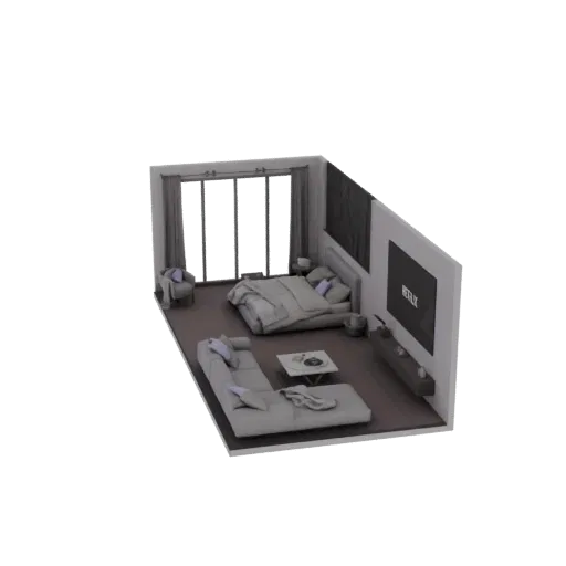 3D model of a modern bedroom with a large bed, sectional sofa, and entertainment area with a large screen.
