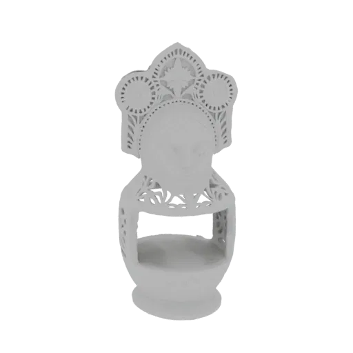3D model render of a white figurine of a Slavic woman wearing an ornate headdress and traditional clothing, with intricate cut-out details.