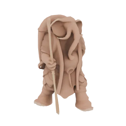 3D model of a fantasy character resembling an elephant, holding a staff and wearing robes.