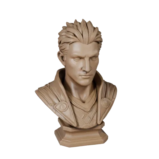 Fantasy Hero Bust STL printable 3D model preview showing facial planes, three-quarter display angle