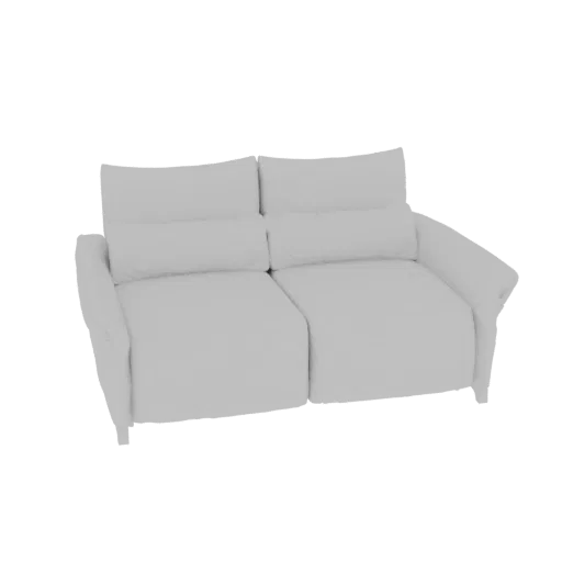 Um modelo 3D de um sofá reclinável moderno de dois lugares em cinza claro com almofadas macias e mecanismos reclináveis visív