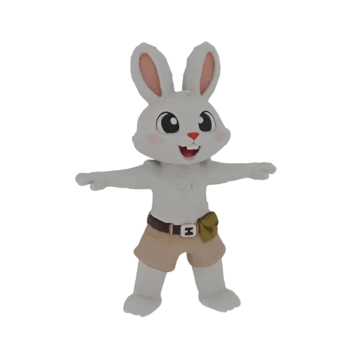 3D render of a cute cartoon rabbit character in explorer shorts, standing in a T-pose with arms outstretched.