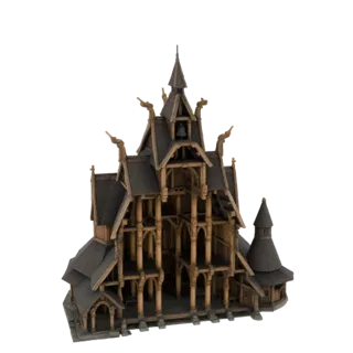 3D model of a detailed Viking stave church with dark wooden exterior, intricate timber framing, and dragon-head roof decorati