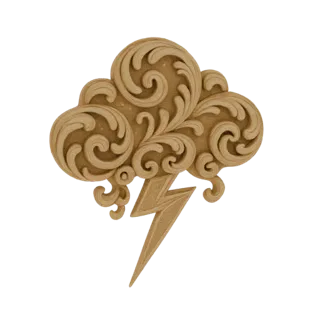 Modello 3D di un intaglio in legno raffigurante una nuvola stilizzata con volute ornate e un fulmine.