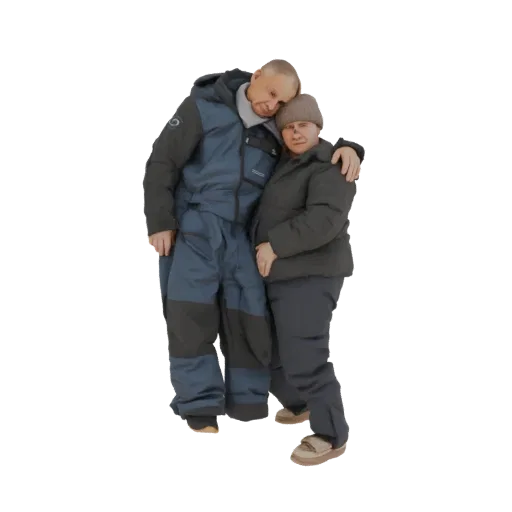 3D model of a couple embracing in warm winter clothing, with one person's head resting on the other's shoulder.