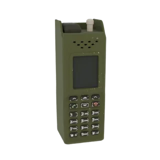 3D model of a rugged, olive-drab military-style mobile phone with a small screen and physical keypad.