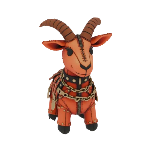 A 3D model of a steampunk goat with orange faux leather, chains, and zippers, standing on a white background.