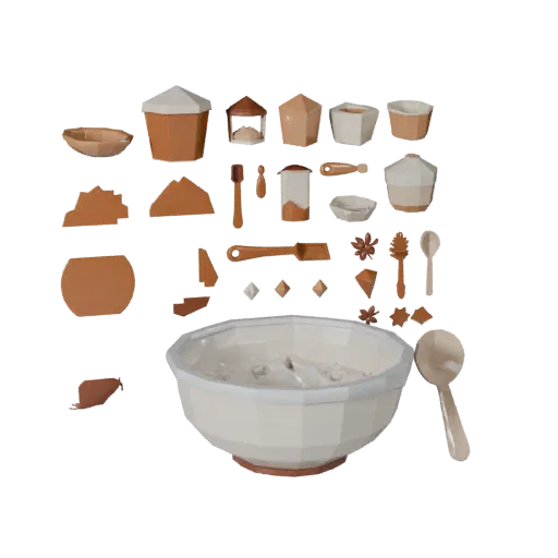 Pantry Flour Bowl Low Poly 3D model, game viewport three-quarter view, showing powders, small ingredient shapes.