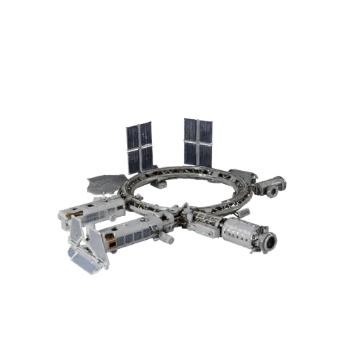 Modello 3D modulare Modulo Habitat Spazio Profondo, vista isometrica kit modulare, mostra moduli metallici, layout stazione m