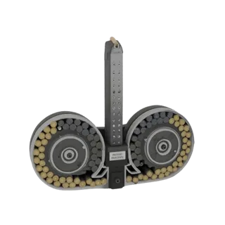 3D model of a dual drum magazine with a 'Patent Pending' label, showing two circular drums and a central feeding tower.