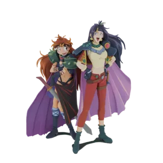 Modello 3D di due guerriere anime, una con capelli rossi e gonna nera, l'altra con capelli scuri e mantello viola, in pose di