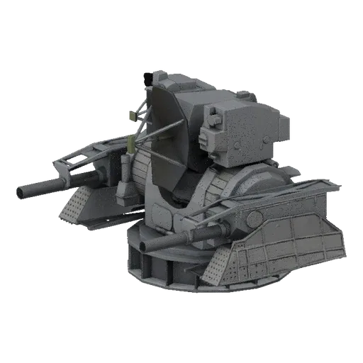 3D model of a modern naval CIWS turret with twin cannons and radar dishes, set against a black background.