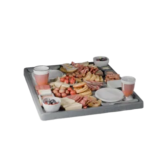 Picnic Charcuterie Board 3D model, three-quarter front view, Unity viewport, showing ceramic, arranged serving layout.