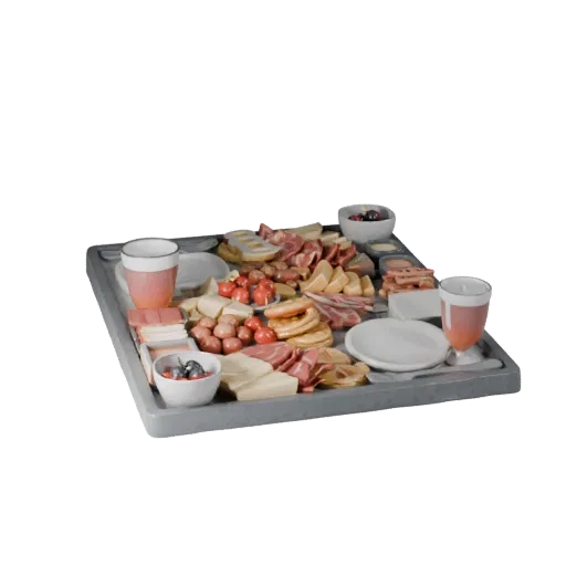 Picknick-Käseplatte 3D-Modell, Dreiviertel-Frontansicht, Unity-Viewport, zeigt Keramik, arrangiertes Servierlayout.