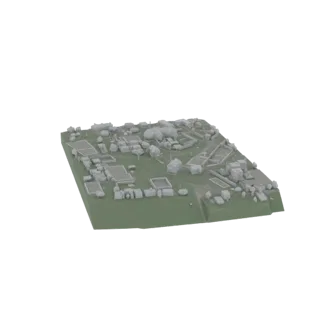 Modelo 3D de bairro suburbano moderno com casas, ruas e áreas verdes, visto de um ângulo ligeiramente elevado.