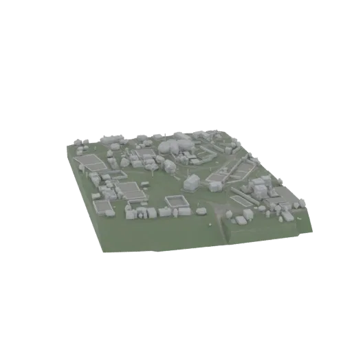 Modello 3D di un quartiere residenziale moderno con case, strade e spazi verdi, visto da un'angolazione leggermente elevata.