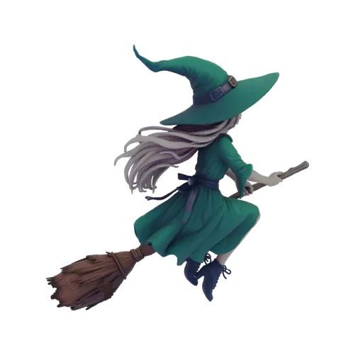 3D model of a witch with long white hair, wearing a green dress and hat, flying on a broomstick against a dark background.