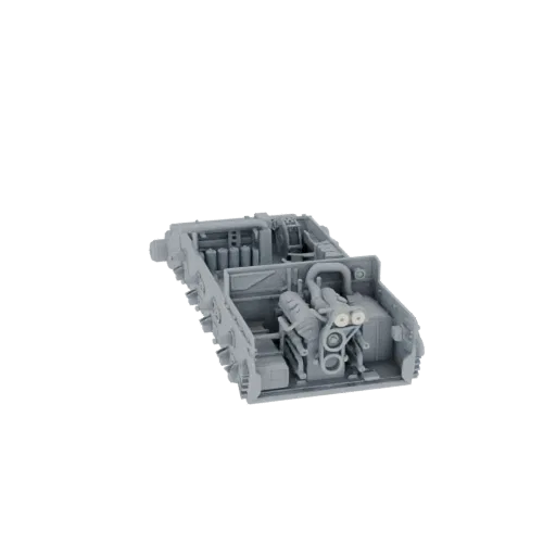 3D model of a detailed tank engine compartment, showing engine, pipes, and internal machinery.
