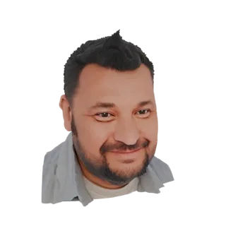 AI-generated 3D model of a man with dark hair, a beard, and a friendly smile, wearing a light blue collared shirt.