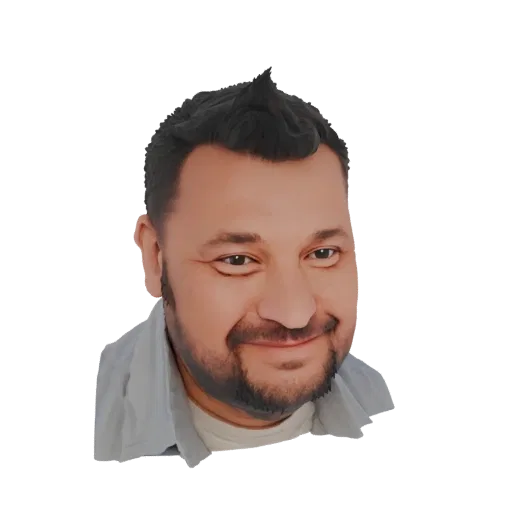 AI-generated 3D model of a man with dark hair, a beard, and a friendly smile, wearing a light blue collared shirt.