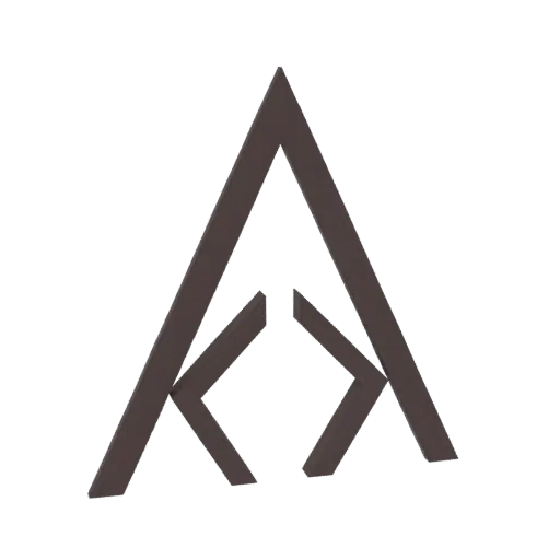 3D render of a dark, abstract mountain logo with sharp geometric lines, set against a black background.