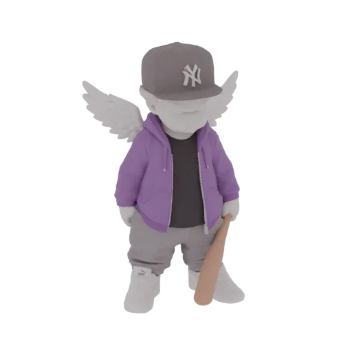 Modelo 3D de um anjo estilizado usando boné cinza e moletom roxo, segurando um taco de baseball, com asas brancas.