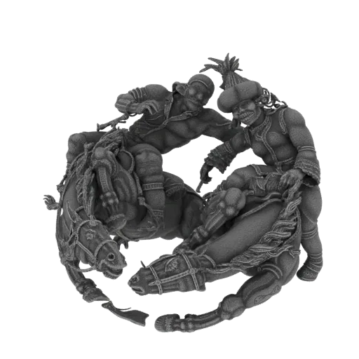 3D model of two warriors fighting on horseback, arranged in a Yin Yang symbol, with a stippled texture.