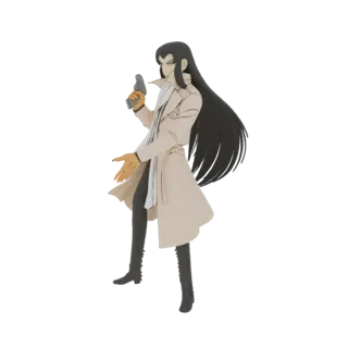 3D model of an anime detective character wearing a beige trench coat and holding a pistol, with long black hair and a determi