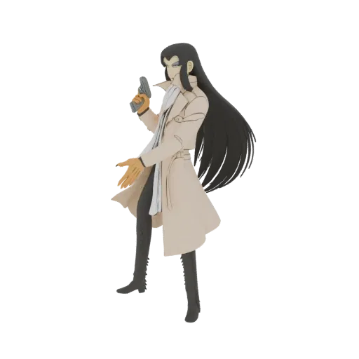 3D model of an anime detective character wearing a beige trench coat and holding a pistol, with long black hair and a determi
