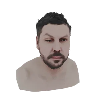 3D model render of a man's bust with a beard and dark, textured hair, looking slightly to the side.