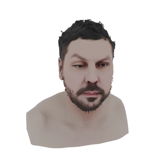 3D-Modell-Rendering einer Männerbüste mit Bart und dunklem, texturiertem Haar, leicht zur Seite blickend.