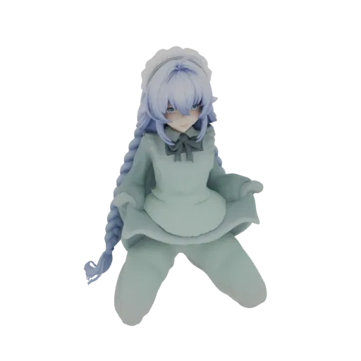 3D model of an anime maid with long braided blue hair, wearing a pastel maid outfit and a bow, in a gentle pose.