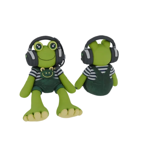 3D model of a cute green frog wearing headphones and dark green overalls, sitting with legs outstretched.