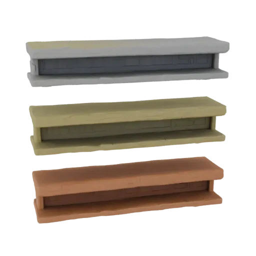 Three clay-style mantelpiece 3D models displayed in a row, featuring grey, beige, and terracotta finishes.
