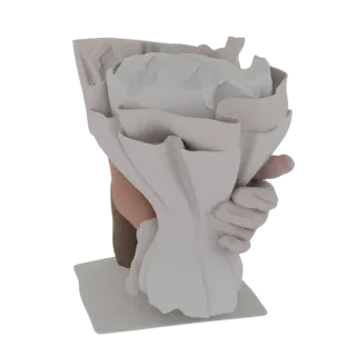Render del modello 3D di un elegante bouquet bianco con involucro di carta fluida, tenuto da mani invisibili, su una base gri