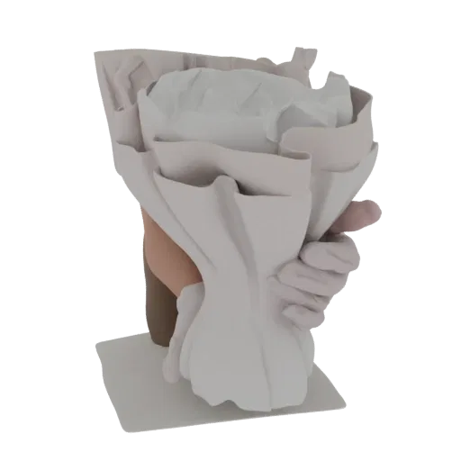 Rendu 3D d'un élégant bouquet blanc avec un emballage en papier fluide, tenu par des mains invisibles, sur une base gris clai