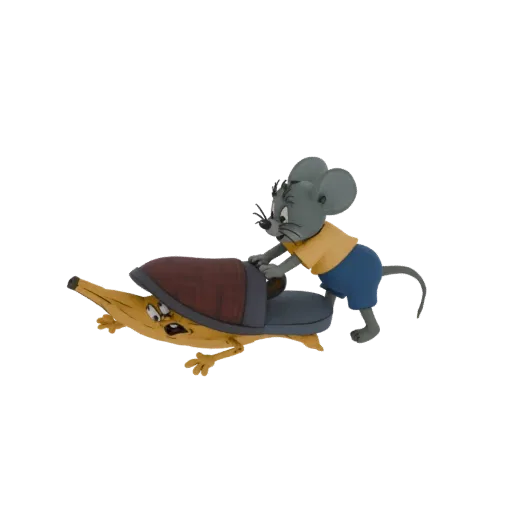 A 3D render of a cartoon grey mouse wearing a yellow shirt and blue shorts, pushing a yellow banana with a distressed face in