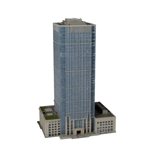 Modèle 3D de gratte-ciel moderne haute poly, vue rapprochée du rendu architectural, montrant les matériaux du bâtiment de bur
