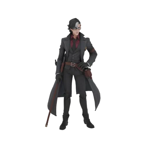 3D model of a dapper gentleman in a dark suit, wearing glasses and holding a cane, posed confidently.