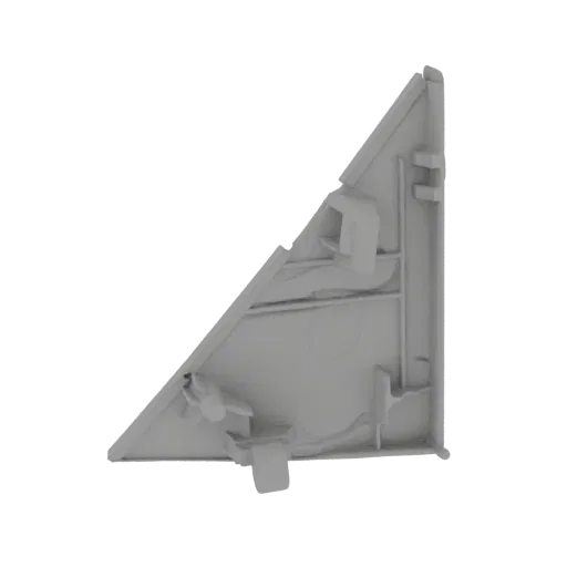 3D render of a gray triangular corner bracket with visible internal support structures, viewed from an angle.