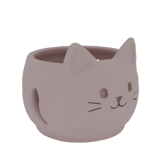 Un rendering 3D di un vaso a forma di gatto carino, di colore viola chiaro, con semplici caratteristiche facciali incise e or